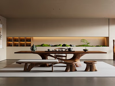 Serene Tea Room Interior With Wooden Table Bench Stools Green Plants And Wall Shelves 3d model