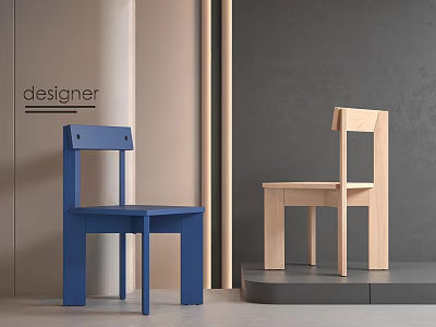 Stylish Designer Children's Chairs in Blue and Natural Wood Tones for Modern Kids Room Decor 3d model