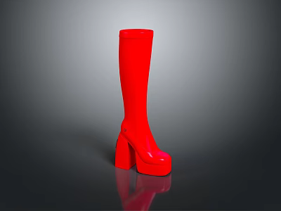 Red Knee High Platform Boots With Shiny Surface And High Heel Style 3d model