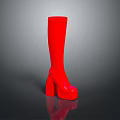 Red Knee High Platform Boots With Shiny Surface And High Heel Style