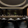 Elegant Private Dining Box Interior With Round Table Green Plants And Black Chairs 3d model