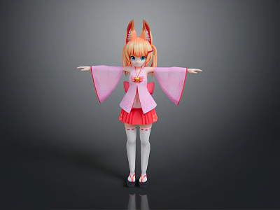 Anime Style 3D Character Girl With Fox Ears In Pink Kimono Top And Red Skirt 3d model