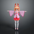 Anime Style 3D Character Girl With Fox Ears In Pink Kimono Top And Red Skirt