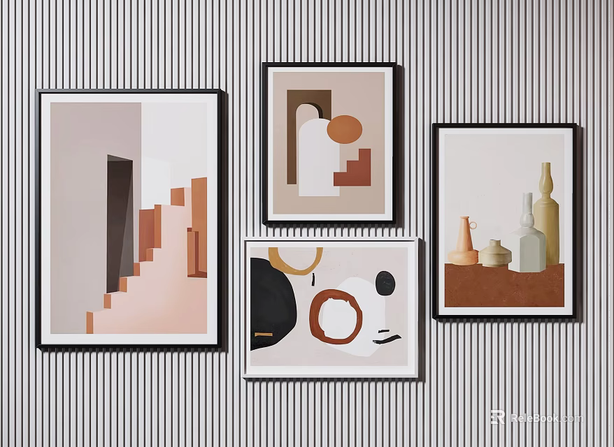 Stylish Decorative Wall Art Pieces On Striped Background For Interior Decor 3d model