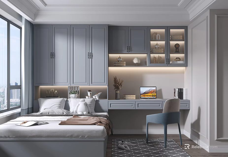 Modern Tatami Bedroom Interior With Gray Cabinets Display Shelves Desk And Blue Chair 3d model 