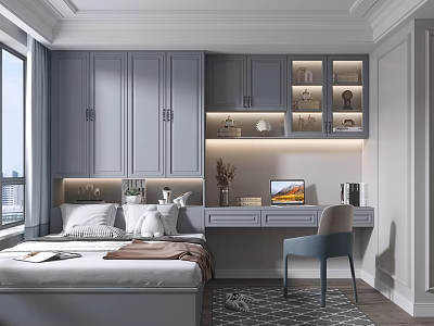Modern Tatami Bedroom Interior With Gray Cabinets Display Shelves Desk And Blue Chair 3d model