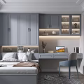 Modern Tatami Bedroom Interior With Gray Cabinets Display Shelves Desk And Blue Chair