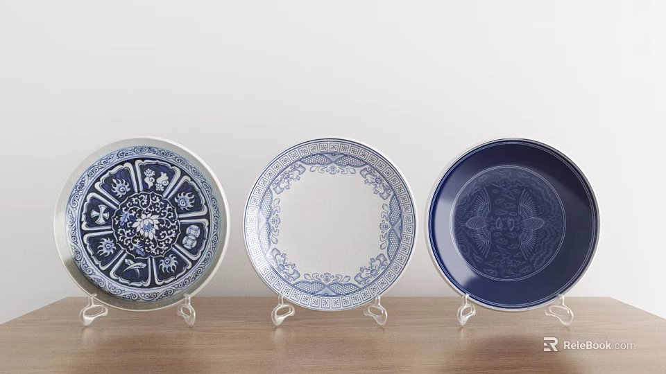 Decorative Plate Display With Three Blue And White Patterned Plates On Wooden Table Stands 3d model 