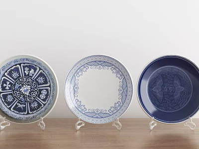 Decorative Plate Display With Three Blue And White Patterned Plates On Wooden Table Stands 3d model
