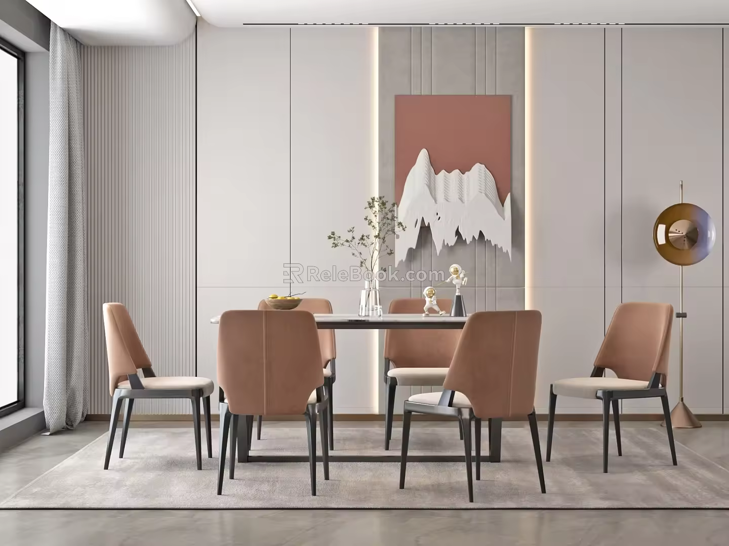 Dining Table and Chair Combination Rectangular Dining Table Marble Dining Tableware Wall Decoration Restaurant Background 3d model