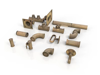 Brass Plumbing Pipe Fittings In Various Shapes With Elbows Joints And Valves 3d model