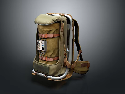 Durable Olive Green Canvas Backpack With Metal Frame And Adjustable Straps 3d model
