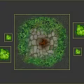 Wood And Stone Fire Pit With Circular Paved Ground Green Plants And Grass