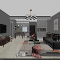 Modern Living And Dining Room Interior With Gray Sofa Pink Pillows Paintings And Chandelier