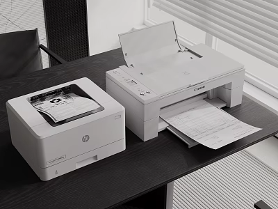 White Printers Working On Office Desk With Papers 3d model