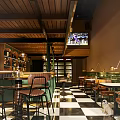 Stylish Bar Interior Design With Wooden Ceiling Pendant Lights Bar Counter And Tables