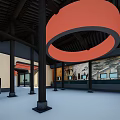 Traditional Chinese Architecture Interior With Red Circular Arch And Wooden Corridor Design