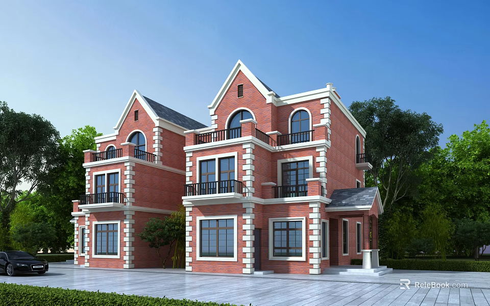 Beautiful Detached Villa With Red Brick Exterior Balconies Windows And Green Trees 3d model 