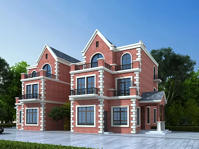 Beautiful Detached Villa With Red Brick Exterior Balconies Windows And Green Trees 3d model