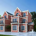 Beautiful Detached Villa With Red Brick Exterior Balconies Windows And Green Trees