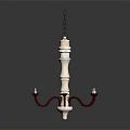 Classic White Columnar Chandelier With Red Curved Arms And Chain Suspended Candle Holders