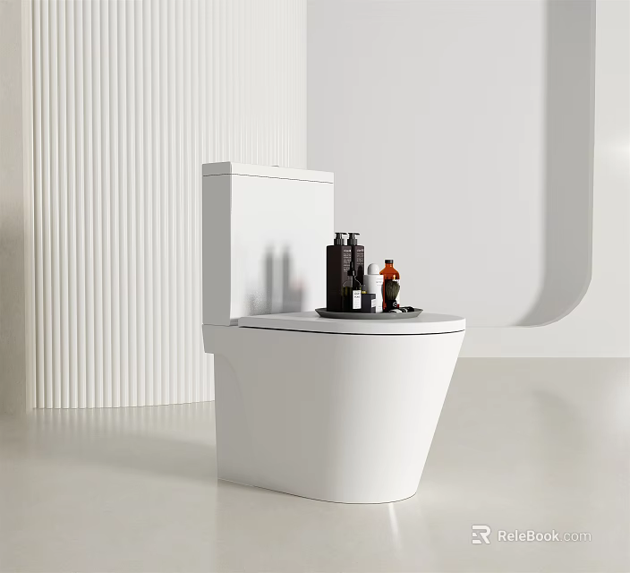 Modern Minimalist White Toilet With Black And Amber Bottles On Tank And White Wall Background 3d model 
