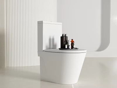 Modern Minimalist White Toilet With Black And Amber Bottles On Tank And White Wall Background 3d model