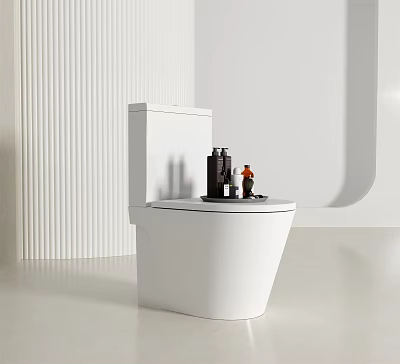 Modern Minimalist White Toilet With Black And Amber Bottles On Tank And White Wall Background 3d model