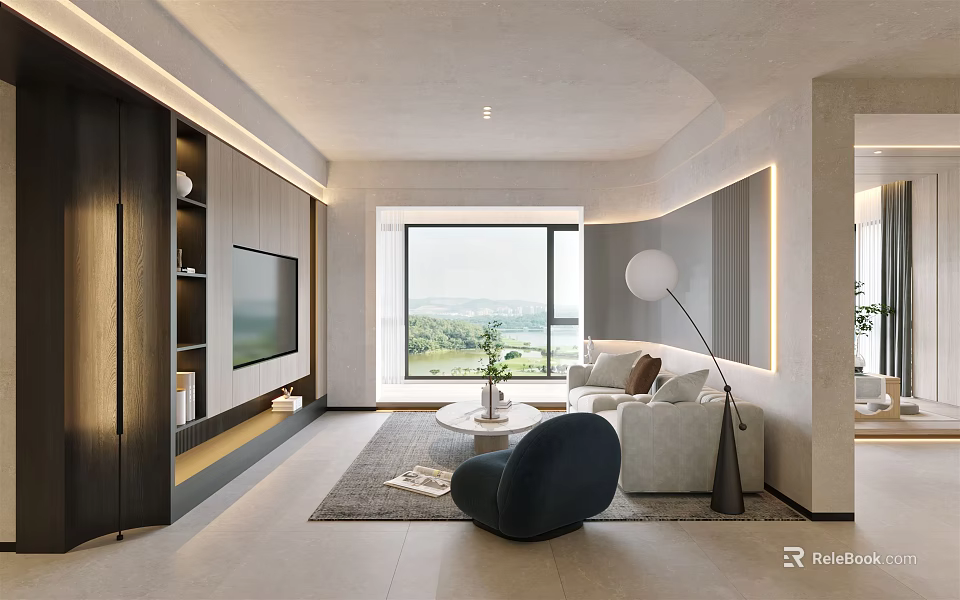 Modern Living Dining Room Interior With Wall Mounted TV Large Window Sofa And Floor Lamp 3d model 