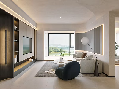 Modern Living Dining Room Interior With Wall Mounted TV Large Window Sofa And Floor Lamp 3d model