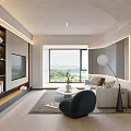 Modern Living Dining Room Interior With Wall Mounted TV Large Window Sofa And Floor Lamp