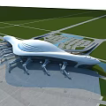 Modern Sleek Architectural Design With White Curved Roof Green Lawns And Parking Area