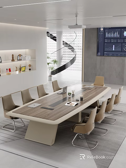 Large Modern Wooden Conference Table With Comfortable Leather Chairs In Bright Business Meeting Space 3d model 