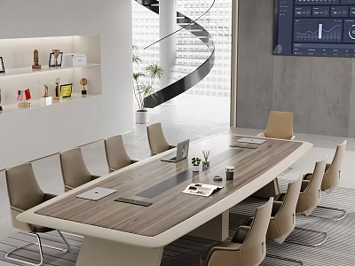 Large Modern Wooden Conference Table With Comfortable Leather Chairs In Bright Business Meeting Space 3d model