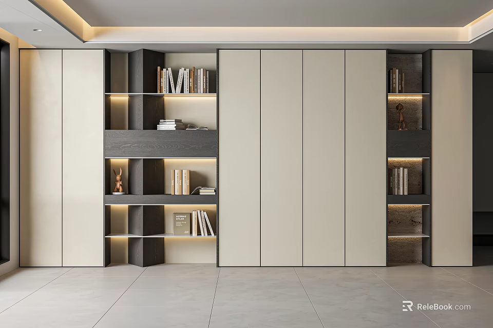 Modern Bookcase Design With Open Shelves LED Lighting And Storage Cabinets 3d model 