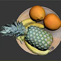 Fresh Pineapple Oranges And Banana On Wooden Plate For Healthy Fruit Snack