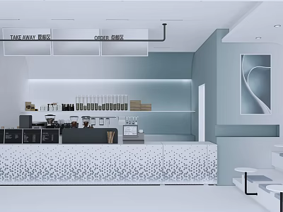 Modern Light Blue Coffee Shop Interior With Patterned Counter Wall Art And Overhead Shelves 3d model