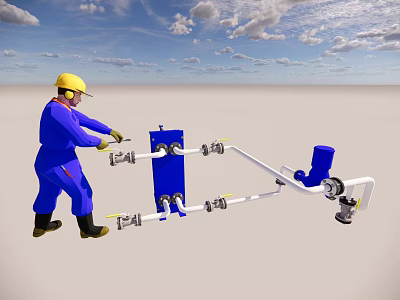 Industrial Equipment System With Pipes Blue Valves And Worker Operating Components 3d model