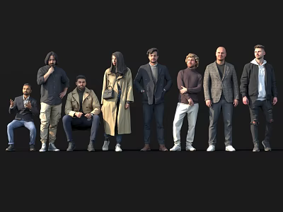 Diverse Group of People in Various Outfits Standing and Sitting Against Black Background 3d model