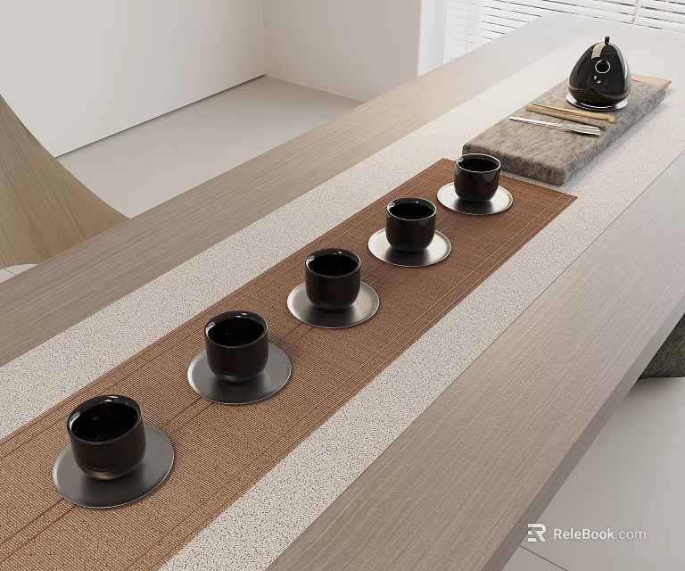 Modern Minimalist Tea Set Arrangement With Black Teacups And Teapot On Wooden Table 3d model 