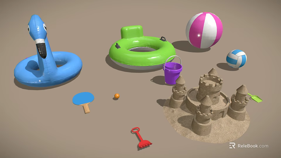 Fun Summer Beach Toys Including Inflatable Rings Beach Balls Sandcastle Bucket Shovel And Rake 3d model 