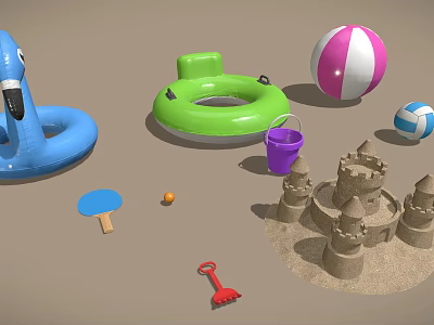 Fun Summer Beach Toys Including Inflatable Rings Beach Balls Sandcastle Bucket Shovel And Rake 3d model