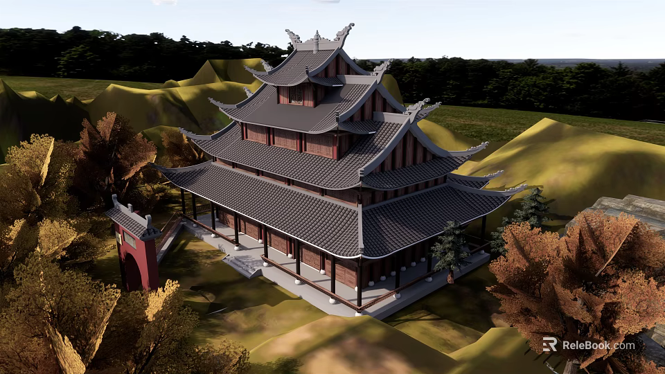 Traditional Chinese Ancient Architecture With Multi story Structure Eaves And Tile Roof In Mountain Scenery 3d model 