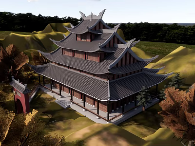 Traditional Chinese Ancient Architecture With Multi story Structure Eaves And Tile Roof In Mountain Scenery 3d model