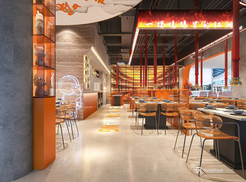 Modern Restaurant Interior With Orange Decor Neon Patterns Dining Tables And Ambient Lighting 3d model 
