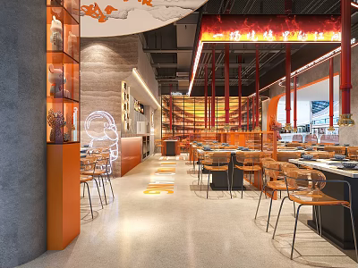 Modern Restaurant Interior With Orange Decor Neon Patterns Dining Tables And Ambient Lighting 3d model