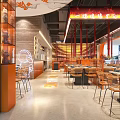 Modern Restaurant Interior With Orange Decor Neon Patterns Dining Tables And Ambient Lighting 3d model