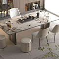 Modern Marble Top Tea Table with Tea Set Four Chairs and Two Stools Minimalist Style 3d model