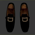 Stylish Black Leather Loafers With Square Metal Buckle And Wooden Heel Design