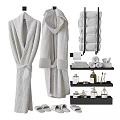 Modern Bathroom Accessories Including Bathrobes Rolled Towels Slippers And Toiletries On Wall Racks